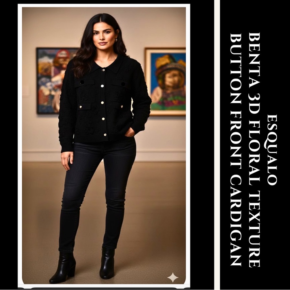 ESQUALO Benta Black 3D Floral Texture Button Front Cardigan